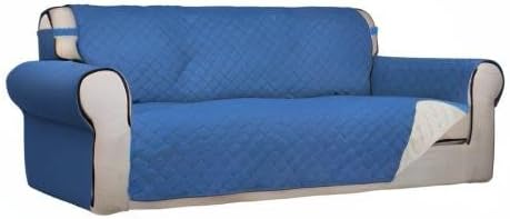 PureFit Reversible Quilted Sofa Cover, Water Resistant Slipcover Furniture Protector, Washable Couch Cover with Non Slip and Elastic Straps for Kids, Dogs, Pets (Sofa, Blue/Ivory)