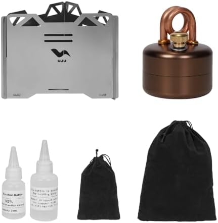 UJU Alcohol Stove Set, Portable Alcohol Burner with Windscreen, Storage Bag & 2 Empty Bottles, Wind‑Resistant Outdoor Cooking Stove for Backpacking, Hiking & Camping, Brown, Round Bottom