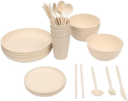 WALFRONT 48 Pcs Dinnerware Set, PP Camping Dishes with Plates Bowls Cups