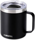 SUNWILL Travel Coffee Mug with Lid, Insulated Tumbler with Handle, 14oz Stainless Steel Cup for Camping, Outdoor, Powder Coated Black
