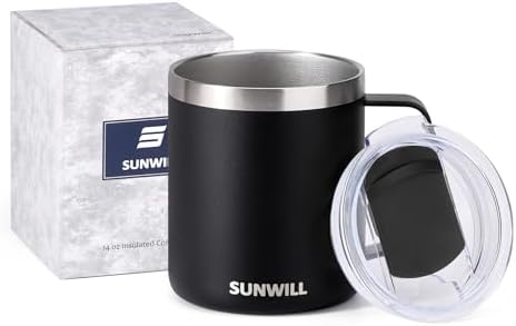 SUNWILL Travel Coffee Mug with Lid, Insulated Tumbler with Handle, 14oz Stainless Steel Cup for Camping, Outdoor, Powder Coated Black