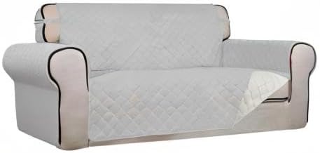 PureFit Reversible Quilted Sofa Cover, Water Resistant Slipcover Furniture Protector, Washable Couch Cover with Non Slip and Elastic Straps for Kids, Dogs, Pets (Oversized Loveseat, Light Gray/Ivory)