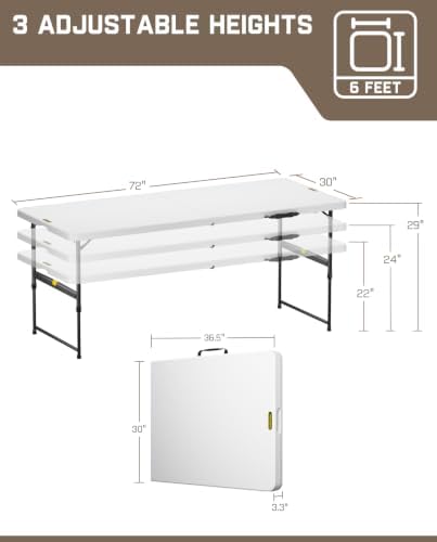 FanttikOutdoor Folding Table Plastic 6ft Quick Adjust 3-Height Picnic Party
