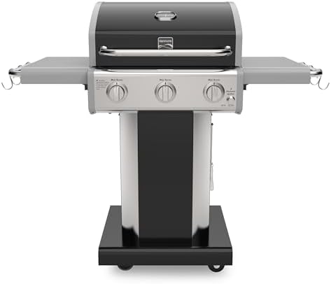 Kenmore 3-Burner Propane BBQ Grill, 30,000 BTUs Gas Grill with Cast Iron Cooking Grates, Folding Side Tables & Wheels, Outdoor Grill with Tool Hooks, Black