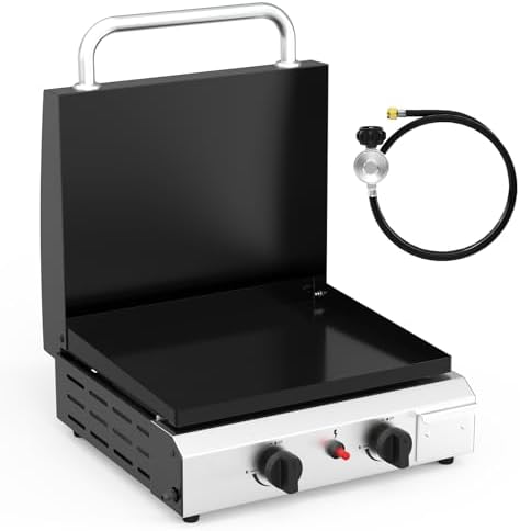 Bonnlo 2 Burner Portable Propane Griddle with Lid, 20000BTU Tabletop Flat Gas Grill with Ignition and Oil Collector, Camping Griddle for Outdoor Cooking Patio Backyard Sandbeach BBQ Party