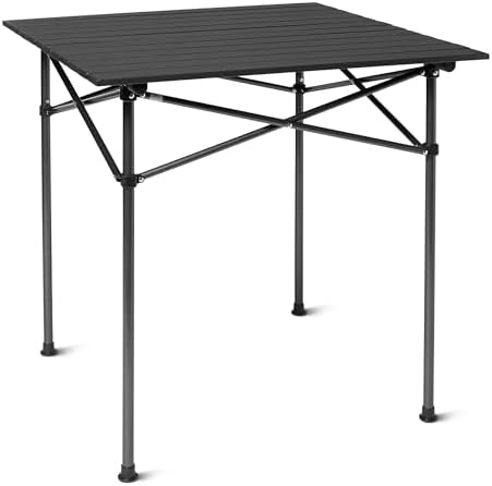 Amazon Basics Portable Camping Table, Outdoor Folding Table with Aluminum Roll-Up Top, Steel Frame, 27.6 x 27.6 x 27.6 Inches, Black