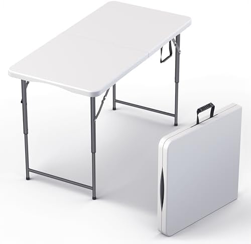 4 Feet Foldable Table Adjustable Height with Built in Handle, Steel Legs | 4FT Heavy Duty Portable | Perfect for Party Dining Wedding Events Picnic Indoor Outdoor Camping Utility Folding - 4 Foot