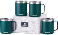 SUNWILL Travel Coffee Mugs Set of 4, Insulated Cup with Lid, 14oz Stainless Steel Tumbler with Handle Bulk for Gift, Camping, Office, Powder Coated Deep Green