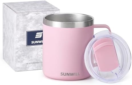 SUNWILL Insulated Coffee Mug with Lid, Travel Tumbler Reusable, 14 oz Stainless Steel Cup for Camping, Office, Home, Powder Coated Sakura