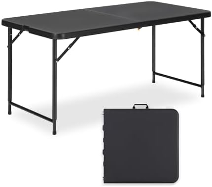 4ft Folding Table with Adjustable Height, 2-Level Foldable Table with HDPE Top & Steel Legs, Portable 4 Foot Folding Table for Picnic, Party, Craft, Indoor Outdoor Use, Black