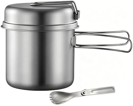 BY-J Titanium Camping Cookware 1100ML & 350ML Titanium Pot with Lid and Stainless steel spatula Camping Pot for Backpacking Hiking Traveling and Picnic