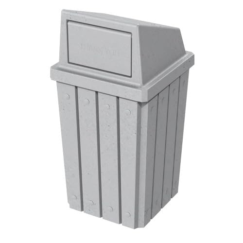 32 Gallon Square Slatted 100% Recycled Plastic Heavy-Duty Commercial Outdoor and Indoor Trash Can with Push Top Lid | Great for Schools and Businesses - Light Granite