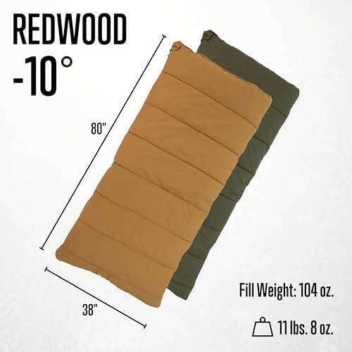 ALPS OutdoorZ Redwood -10°F Flannel-Lined Sleeping Bag with Cotton Canvas Shell, Heavy-Duty Zippers, Oversized Rectangle Design, Cold Weather Camping & Hunting Gear