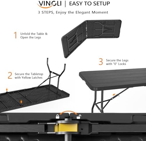 VINGLI 8 Foot Plastic Folding Table Portable Long Table for Indoor Outdoor Use Rectangular with Carrying Handle, Black