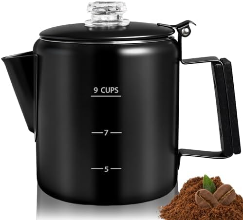 9 Cup Percolator 304 Stainless Steel Coffee Pot Coffee Maker Coffee Machine with Solid Wood Handle Transparent Knob Stovetop Greca Mocha for Induction Home and Camping 1500ml 50.7oz Black