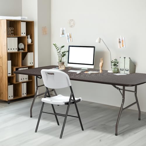VINGLI 6 Foot Plastic Folding Table Portable Long Table for Indoor Outdoor Use Rectangular with Carrying Handle,Rattan Patterned HDPE Tabletop, Brown