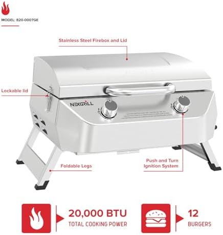Nexgrill Tabletop 2 Burner Gas Grill, Stainless Steel with Folding Legs