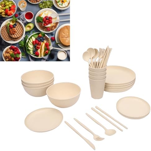 Unbreakable Dinnerware Sets for 4 Lightweight Shatterproof Plates Bowls Cups with Cutlery Set Perfect for Camping and Picnics