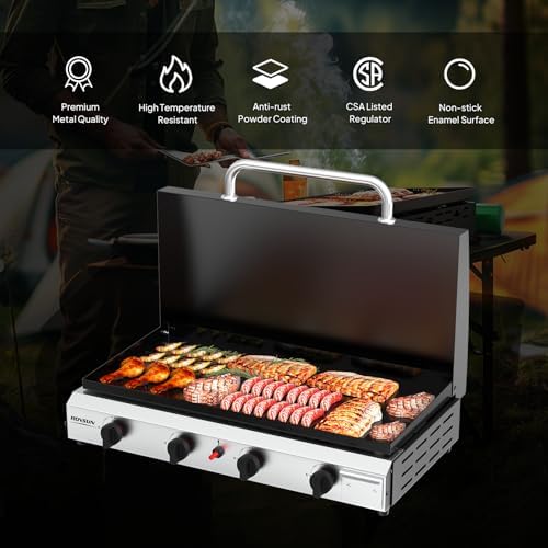 ROVSUN 4 Burner Portable Propane Griddle with Ignition & Regulator, 40,000 BTU Tabletop Flat Top Gas Grill with Enameled Tray & Lid for Outdoor Cooking Camping BBQ Tailgating Electronic