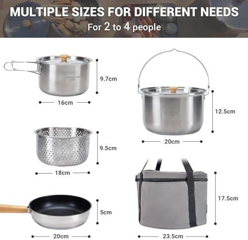 KingCamp Camping Cookware Set, 304 Stainless Steel Camping Pot for 4-6