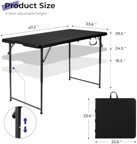 Folding Table 4 Foot,Portable Heavy Duty Plastic Utility Table,Black