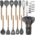 MIBOTE Silicone Cooking Kitchen Utensils Set, 17 Pcs, Wooden Handle, Grey