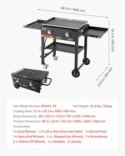 VEVOR Gas Griddle, 2-Burner Flat Top Grill, 28 inch Grill Plate Foldable Propane Griddle with Wheels, 30000 BTU Outdoor Flat Top Grills for Pan-Frying, Grilling, Stir-Frying, & BBQ, Pulse Ignition