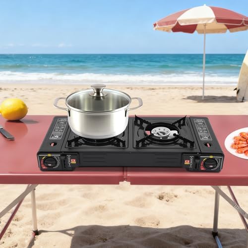 2-Burner Portable Camping Stove, Butane Camping Stove, Outdoor Travel Camp Stove for Camping, BBQ, Home (without Grill Tray)