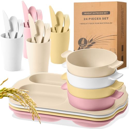 Honoson 24pcs Wheat Straw Dinnerware, Unbreakable, Light Color