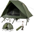 GYMAX 2-Person Tent Cot, 3 in 1 Folding Off-Ground Cot Bed Combo with Portable Wheeled Bag, Waterproof Rainfly, 2 Mesh Doors & Skylight Roof for Hiking, Backpacking, Outdoor