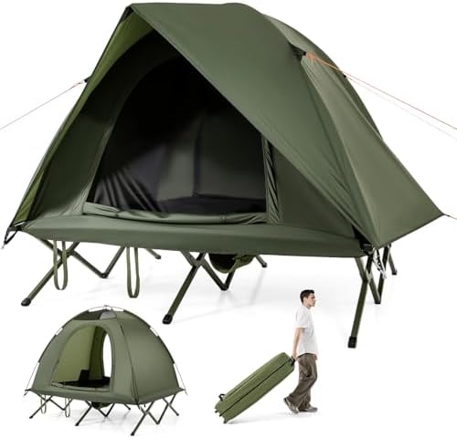 GYMAX 2-Person Tent Cot, 3 in 1 Folding Off-Ground Cot Bed Combo with Portable Wheeled Bag, Waterproof Rainfly, 2 Mesh Doors & Skylight Roof for Hiking, Backpacking, Outdoor