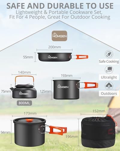 HOMGEN Portable Ultralight Anodized Aluminum Camping Cookware Set - Nesting Camping Pot and Pan-800ml Insulated Teapot-Carrying Bag-for Camping Hiking Picnic RV Trip