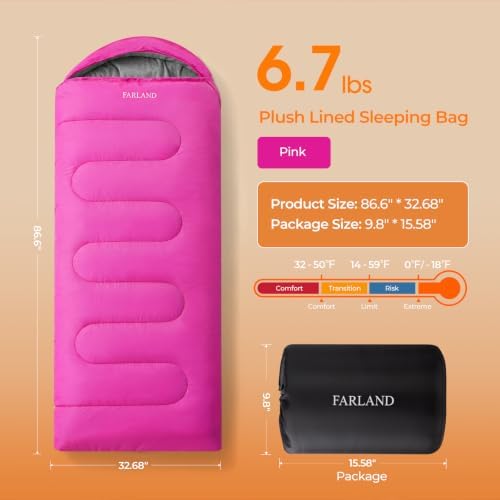 FARLAND Sleeping Bags for Adults Cold Weather & Camping, Fleece-Lined