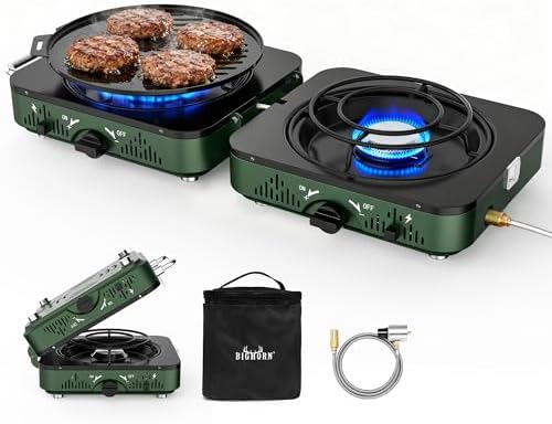 BIG HORN OUTDOORS 2 Burner Propane Camping Stove, Portable Camp Stove, Folding Gas Stove, Includes Frying Pan & Carry Bag for Camping, Emergency Use and Outdoor Cooking