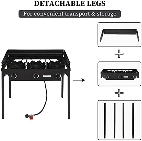 Bonnlo 3-Burner Outdoor Portable Propane Burner Stove 225,000-BTU Gas Cooker with Windscreen & Carrying Bag, Heavy Duty Iron Cast Patio Burner with Detachable Stand Legs for Camp Cooking