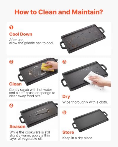 VEVOR Reversible Grill/Griddle 20x9 in Pre-Seasoned Cast Iron Pan Handle