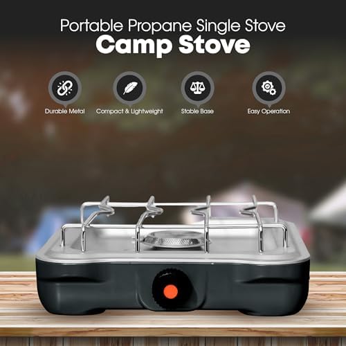 GasOne Single Propane Burner Camp Stove – 10,000BTU Portable Stove Propane Grill in Midnight Blue with Removable Cooking Grid – Large Easy to Use Knob – Carry Case Included