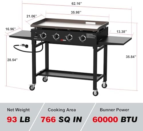 4-Burner Propane Gas Griddle, 60,000 BTU Flat Top Grill