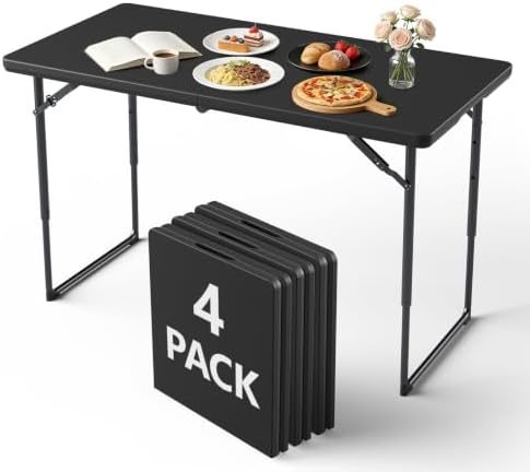 Folding Table 4 Pack, 4FT Folding Table with Adjustable Height, Black