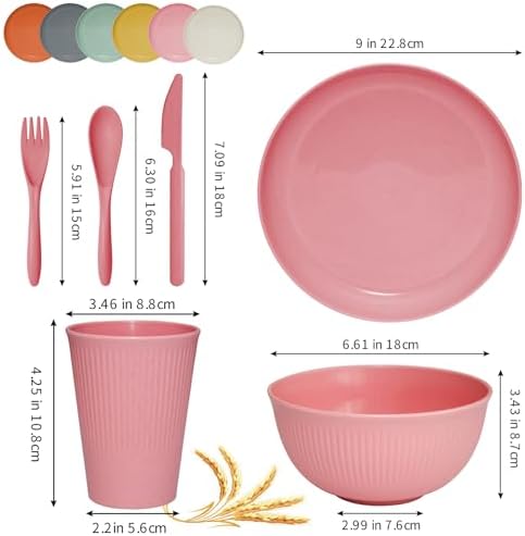 36 pcs Wheat Straw Dinnerware Sets DAPIPIK Unbreakable Reusable Dinnerware Set ，Lightweight Camping Plates Cups and Bowls Set. Dishwasher Microwave Safe Dinnerware