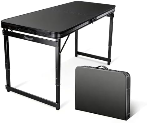 Folding Camping Table, Black Aluminum Frame,3-Position Adjustable Height,Lightweight Carry Handle, Portable for Travel, Camping Outdoor Use, 3.3FT x 2FT(Medium), Black