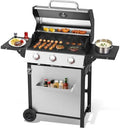 3-Burner Propane Gas Grill with Double-layer Lid, Stainless Steel Hanging Basket & Easy-to-Clean Design – 30,000 BTU BBQ Grill with 2 Folding Sides and Wheels for Outdoor Backyard Patio