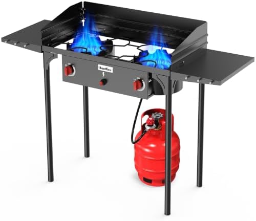 Bestfire 150,000 BTU 2 Burner Propane Camping Stove with Auto Ignition, Windpanel, Portable Outdoor Gas Cooker with Removable Legs, Side Shelves for Camping, BBQ