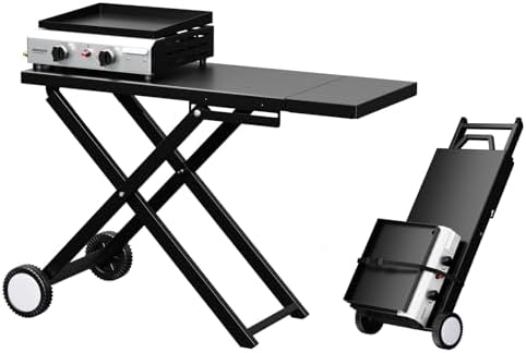 Bonnlo Foldable Flat Top Grill with 2 Burner, Powerful 20,000 BTU Propane Gas Grills with Ignition, Enamel Griddle, Side Shelf & Portable Cart with Wheels for Outdoor Camping Hibachi Grill Use