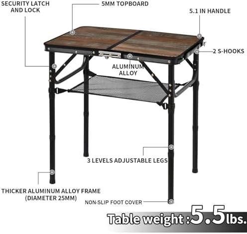 Folding Picnic Table 2ft Portable Camping Table Adjustable Heights