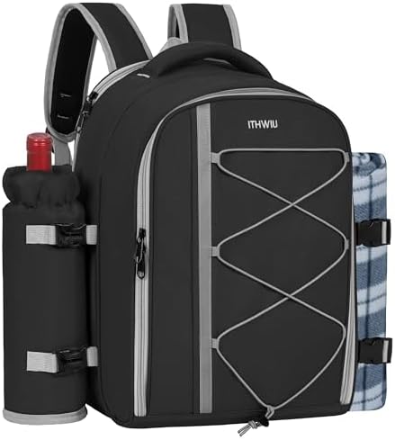 Picnic Backpack for 4 Persons with Insulated Leakproof Cooler Compartment, Cutlery Sets, Wine Holder, Fleece Blanket, Wedding Gifts for Couples, Perfect for Beach, Camping, Hiking, Black