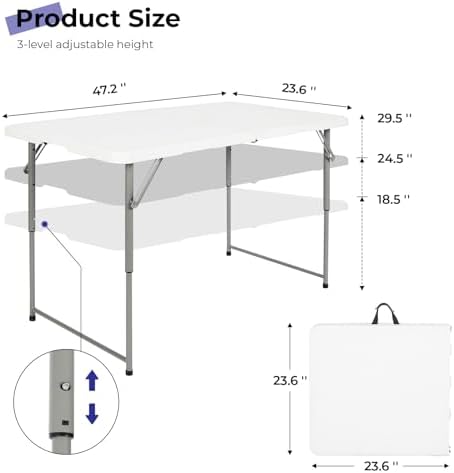Folding Table 4 Foot,Portable Heavy Duty Plastic Utility Table,White