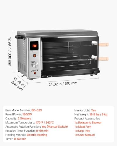 VEVOR Countertop Vertical Oven Brazilian Flame 2 Auto Rotating Skewers