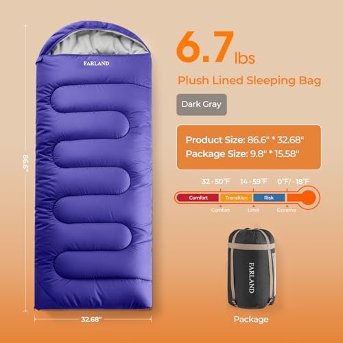 FARLAND Sleeping Bags for Adults Cold Weather & Camping, Fleece-Lined