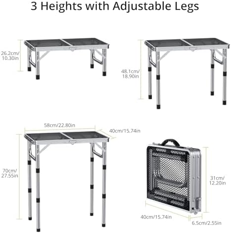 Anbte 2ft Folding Grill Table, Adjustable Height Max 27.5" Aluminum Camping Table, Heat-Resistant Tabletop, Lightweight, Portable Handle for Travel Cooking BBQ Picnic, 22.8" x 16", Silver